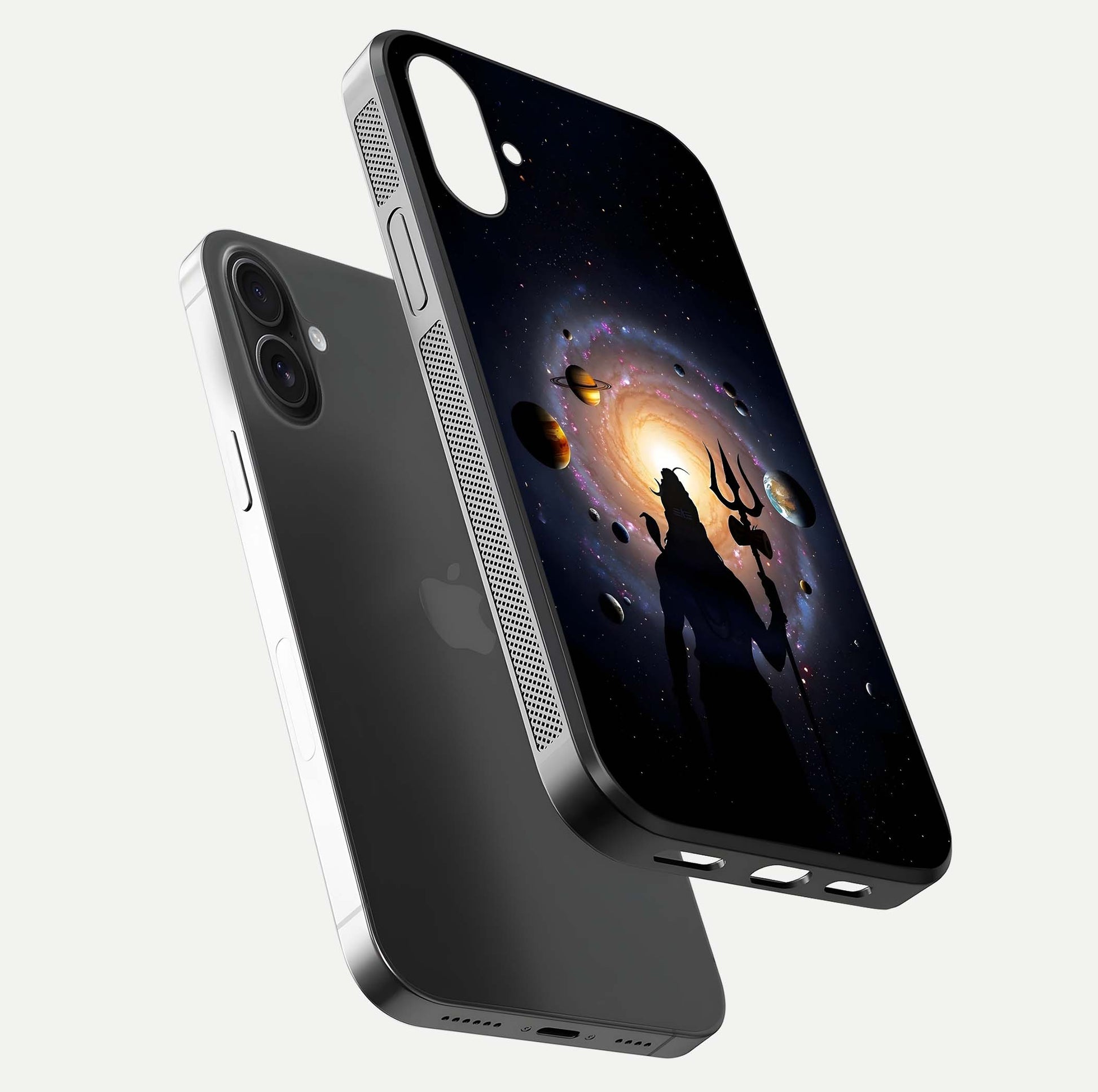 Galactic Shiva Vision Glass Case for iPhone 16 floating dual-view mockup displaying vibrant cosmic colors and smooth gloss texture