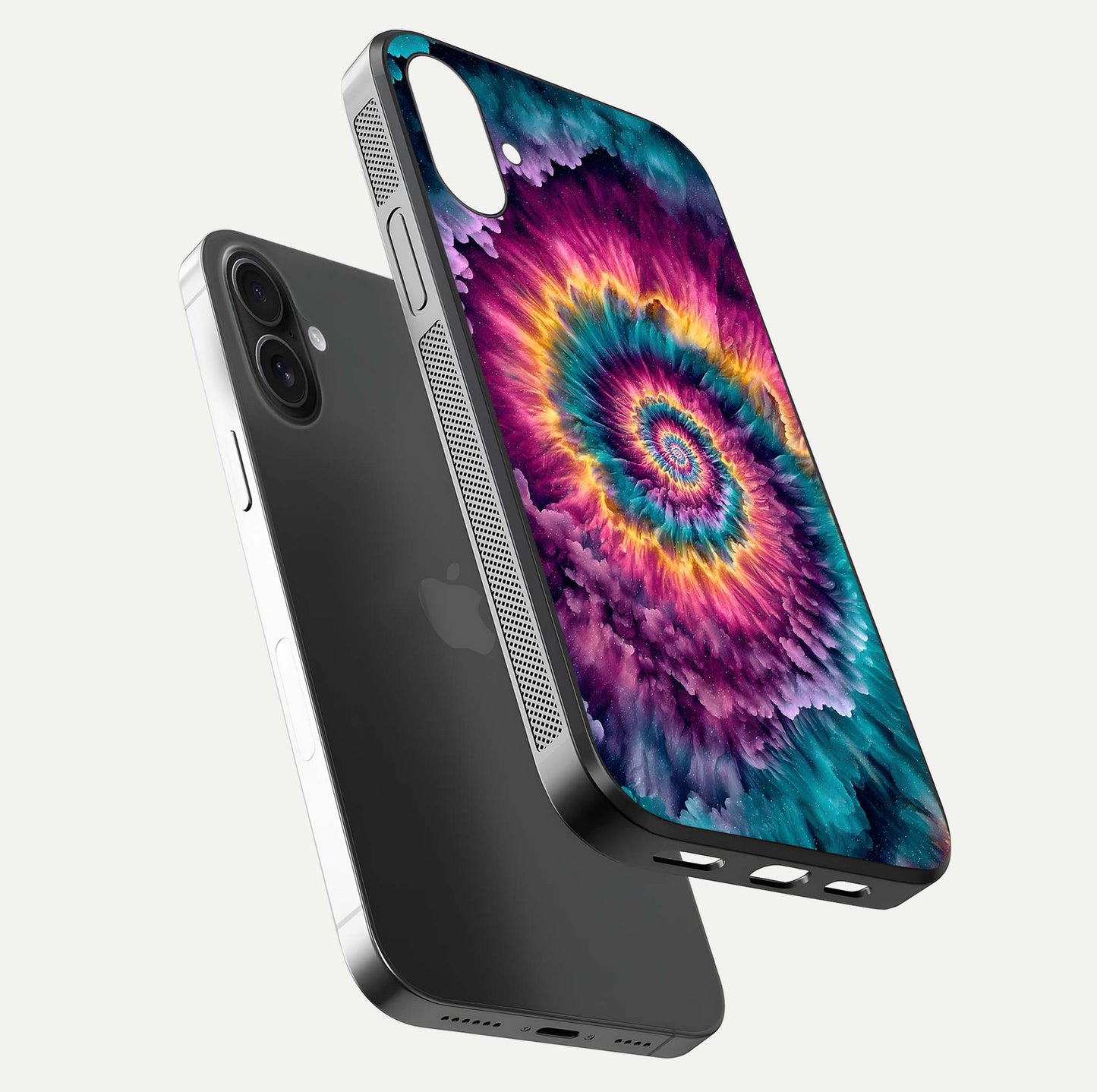 Galactic Spiral Burst Glass Case for iPhone 16 floating dual-view mockup displaying light trails and smooth gloss shine