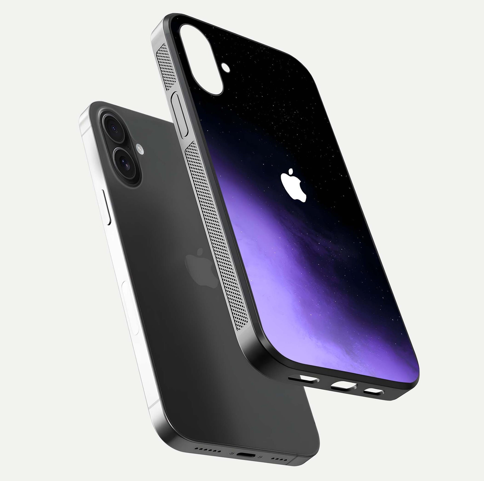 Galaxy Apple Aura Glass Case for iPhone 16 floating dual-view mockup highlighting HD gloss and deep space color blend