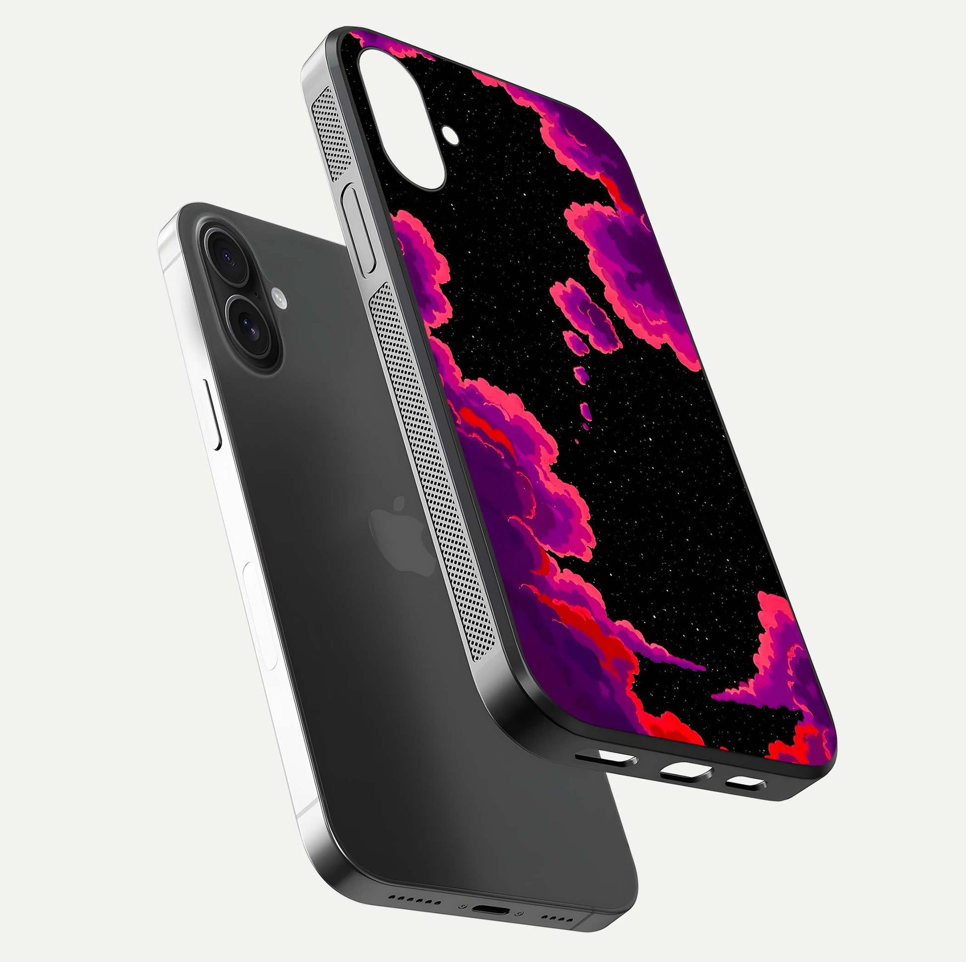 Galaxy Dream Frame Glass Case for iPhone 16 floating dual-view mockup showing vibrant gloss and space-themed tones