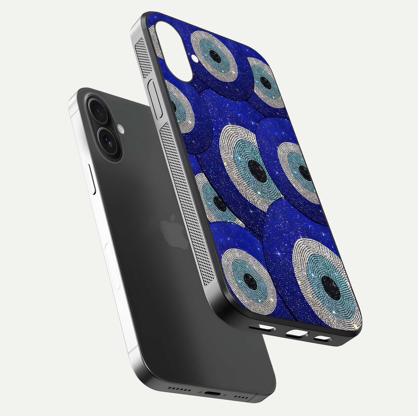 Galaxy Eye Flow Glass Case for iPhone 16 floating dual-view mockup showing gloss polish and glowing tones