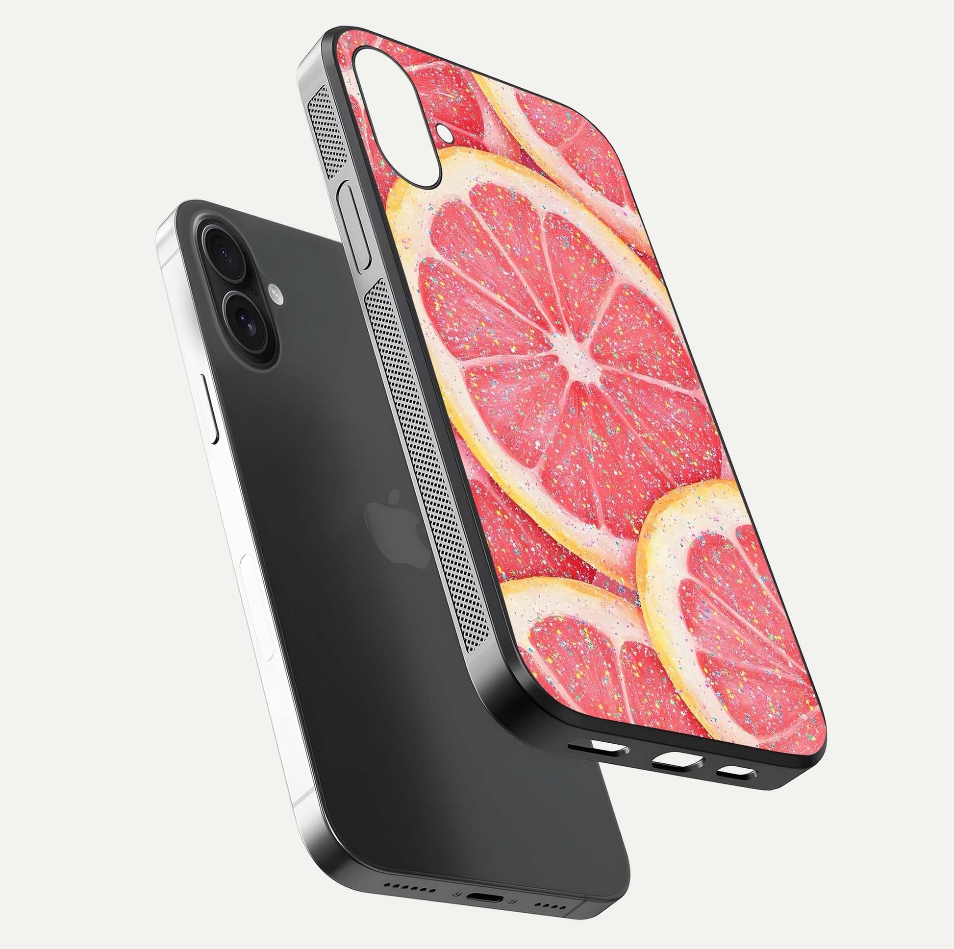 Glitter Grapefruit Glass Case for iPhone 16 floating dual-view mockup showing HD gloss and fresh color detail