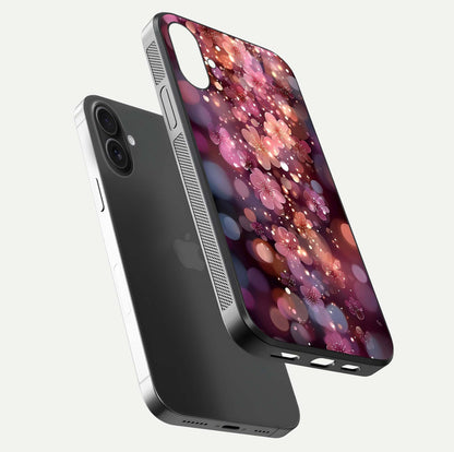 Glowing Petal Bliss Glass Case for iPhone 16 floating dual-view mockup showing gloss brightness and delicate tone