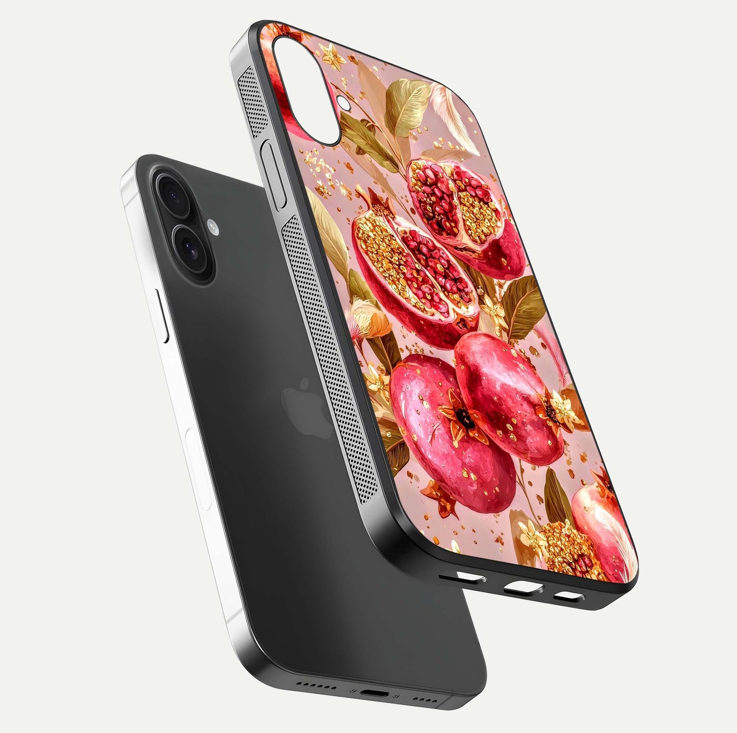 Golden Bloom Glow Glass Case for iPhone 16 floating dual-view mockup showing glossy shine and golden shimmer