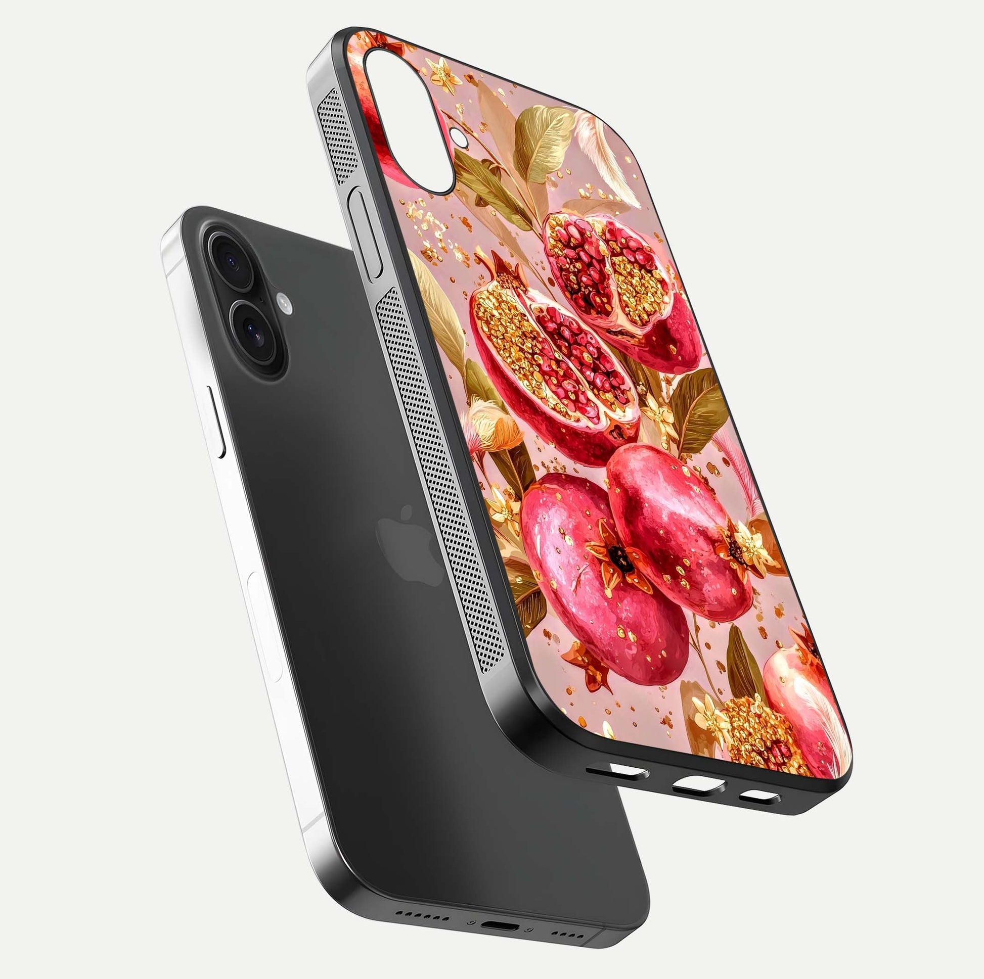 Golden Bloom Glow Glass Case for iPhone 16 floating dual-view mockup showing glossy shine and golden shimmer