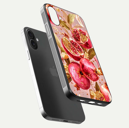Golden Bloom Glow Glass Case for iPhone 16 floating dual-view mockup showing glossy shine and golden shimmer
