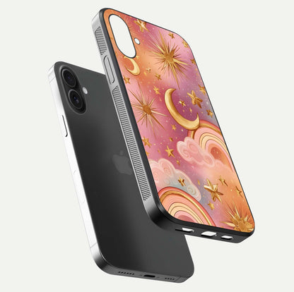 Golden Celestial Dreams Glass Case for iPhone 16 floating dual-view mockup showing gloss surface and dream-like glow