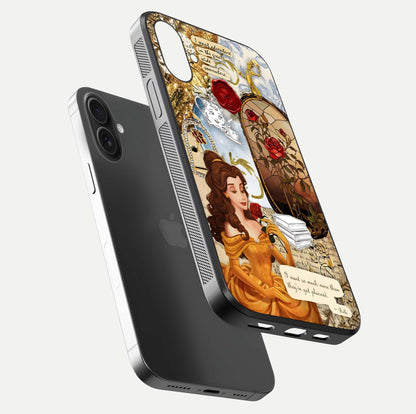 Golden Dream Belle Glass Case for iPhone 16 floating dual-view mockup highlighting gloss texture and elegant shimmer