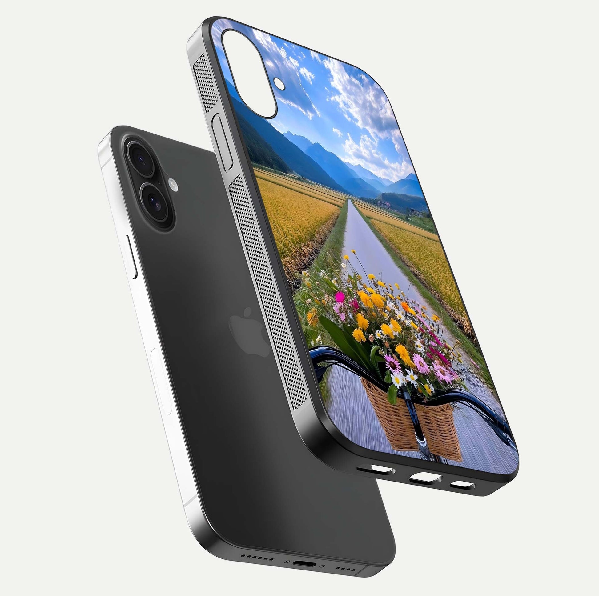 Golden Field Journey Glass Case for iPhone 16 floating dual-view mockup showing gloss surface and field depth