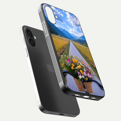Golden Field Journey Glass Case for iPhone 16 floating dual-view mockup showing gloss surface and field depth