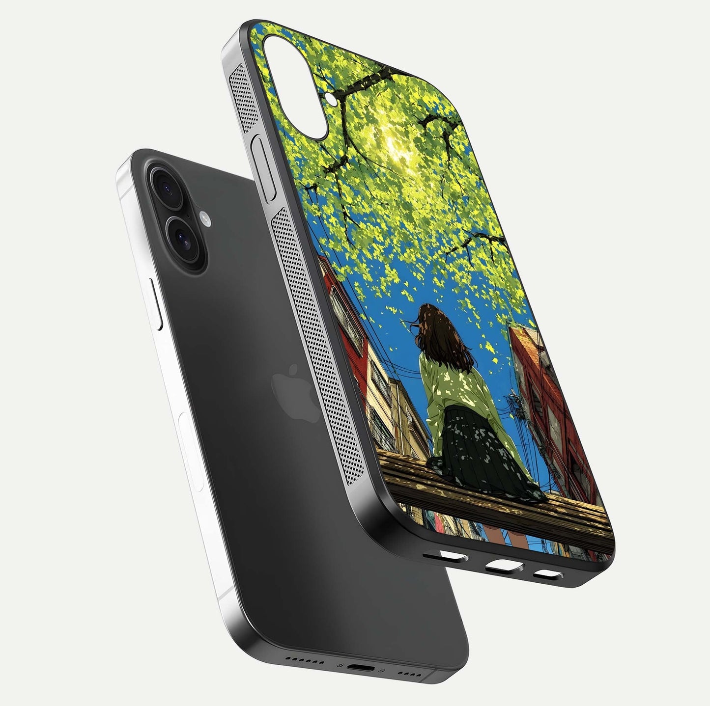 Golden Leaves Glow Glass Case for iPhone 16 floating dual-view mockup showing gloss depth and gold-leaf detail
