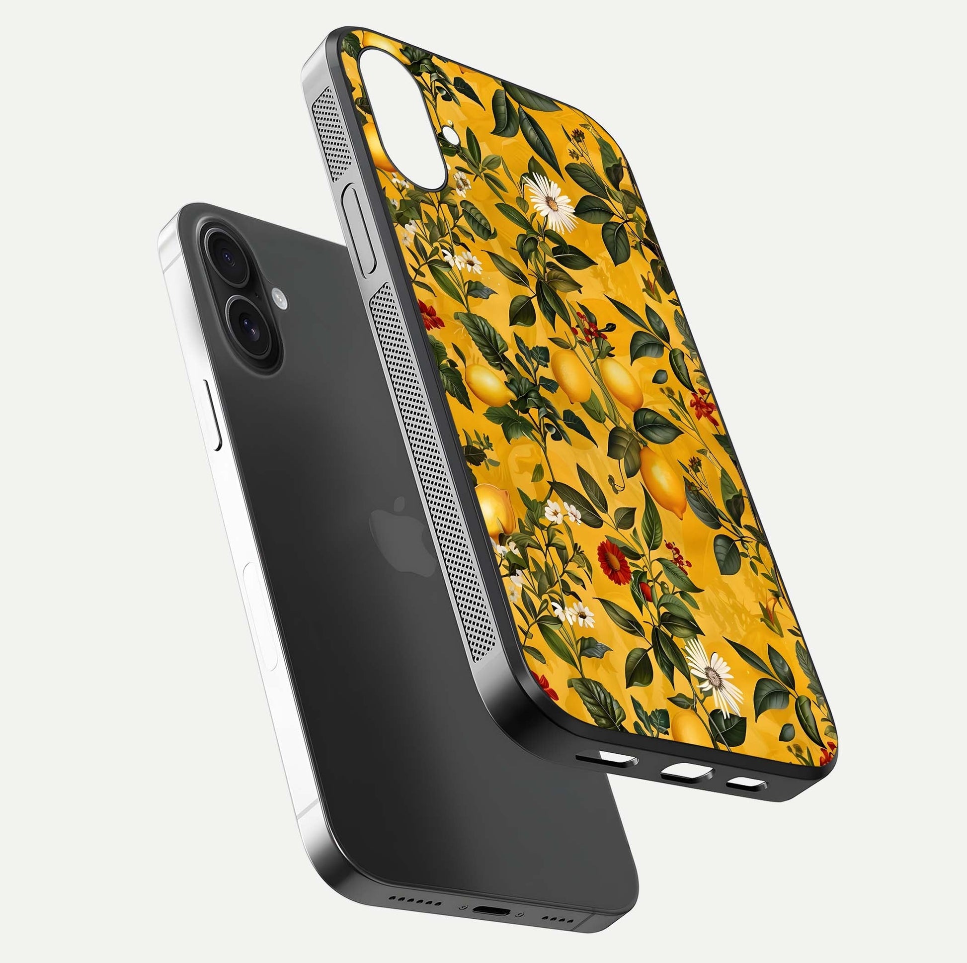 Golden Lemon Field Glass Case for iPhone 16 floating dual-view mockup showing gloss shine and yellow-gold palette