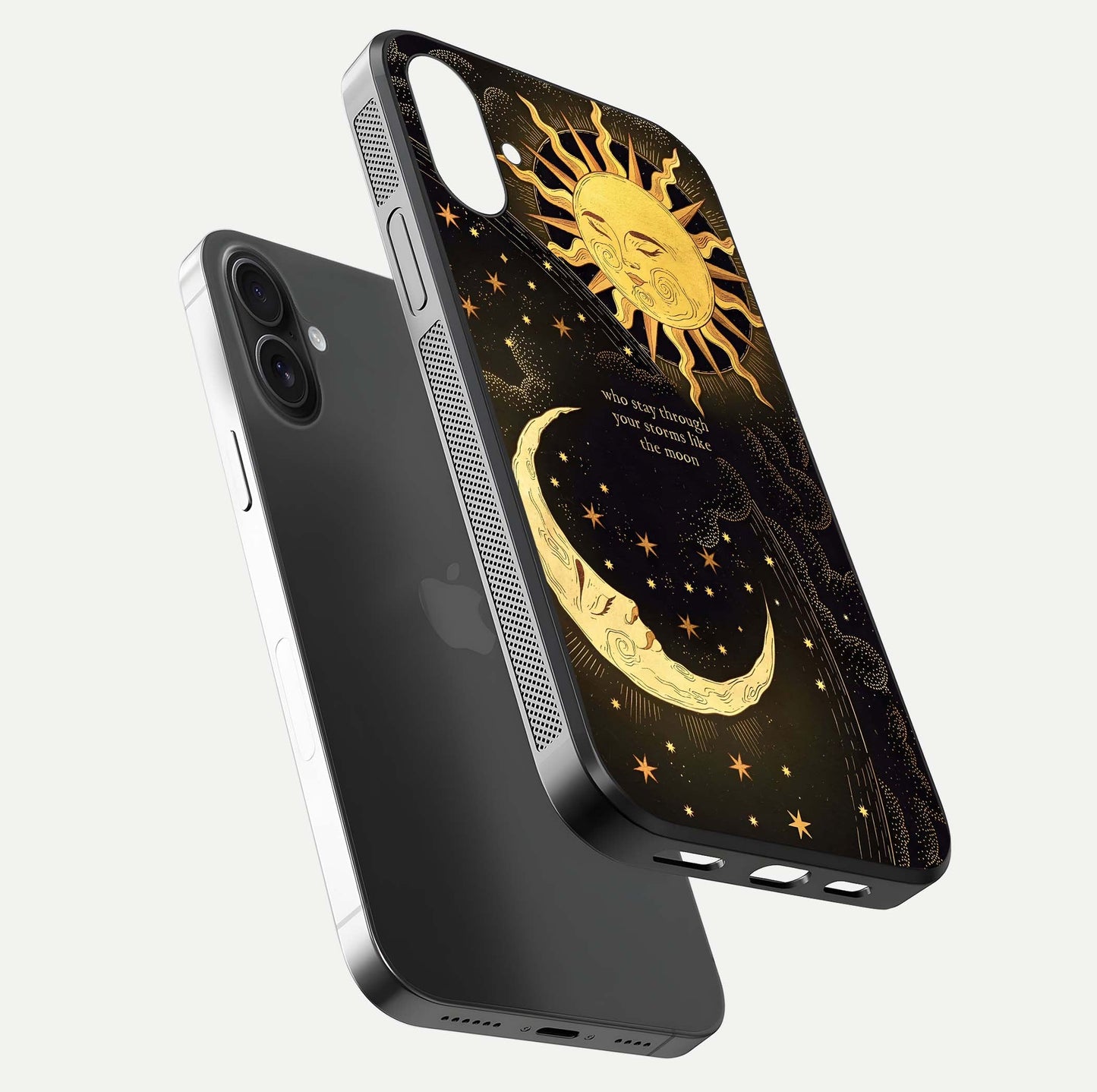 Golden Lunar Love Glass Case for iPhone 16 floating dual-view mockup showing glossy glow and romantic theme