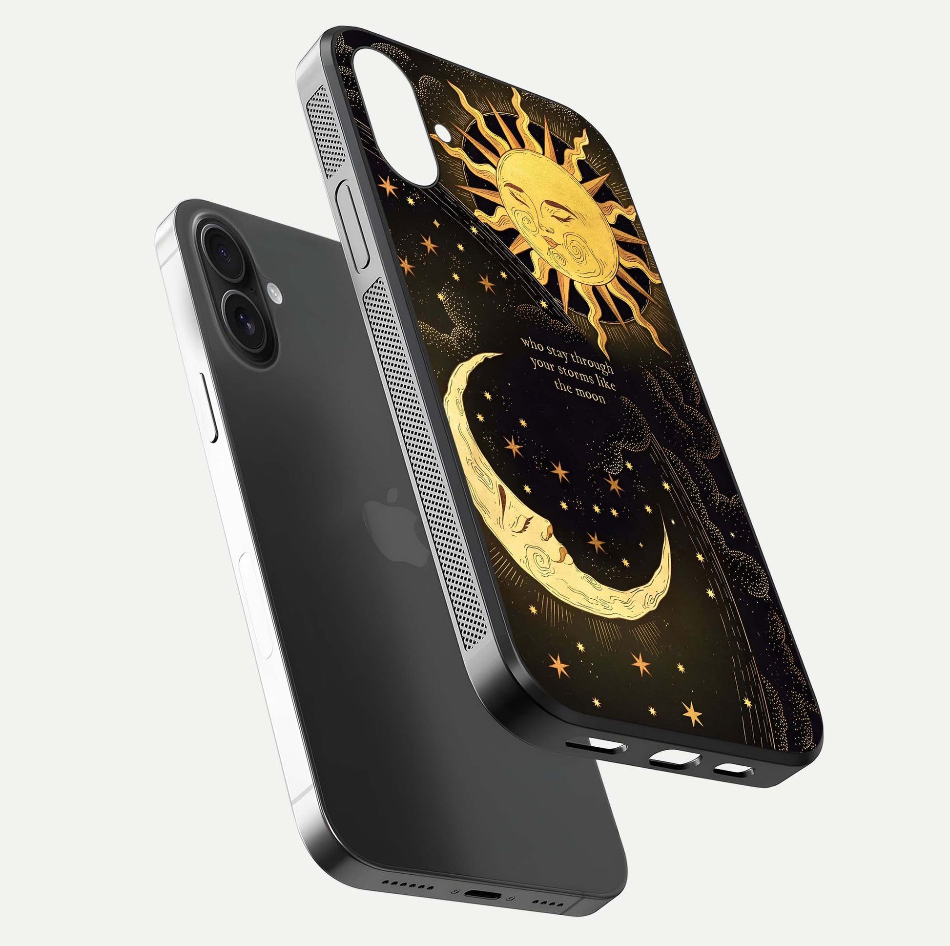 Golden Lunar Love Glass Case for iPhone 16 floating dual-view mockup showing glossy glow and romantic theme