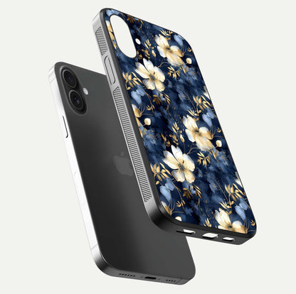 Golden Midnight Bloom Glass Case for iPhone 16 floating dual-view mockup showing gloss polish and metallic reflection