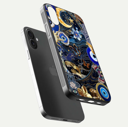 Golden Moon Magic Glass Case for iPhone 16 floating dual-view mockup showing gloss texture and golden illumination