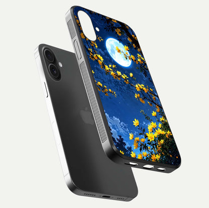 Golden Night Glow Glass Case for iPhone 16 floating dual-view mockup showing gloss polish and luxury shine