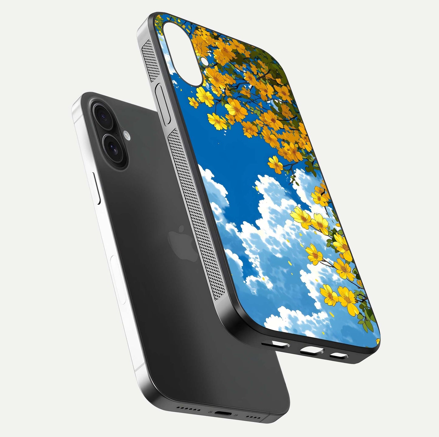 Golden Petal Sky Glass Case for iPhone 16 floating dual-view mockup showing gloss brilliance and gold detail