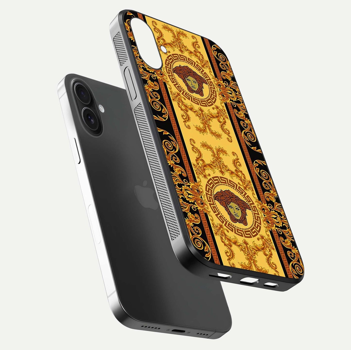 Golden Royal Heritage Glass Case for iPhone 16 floating dual-view mockup showing glossy surface and rich regal tone