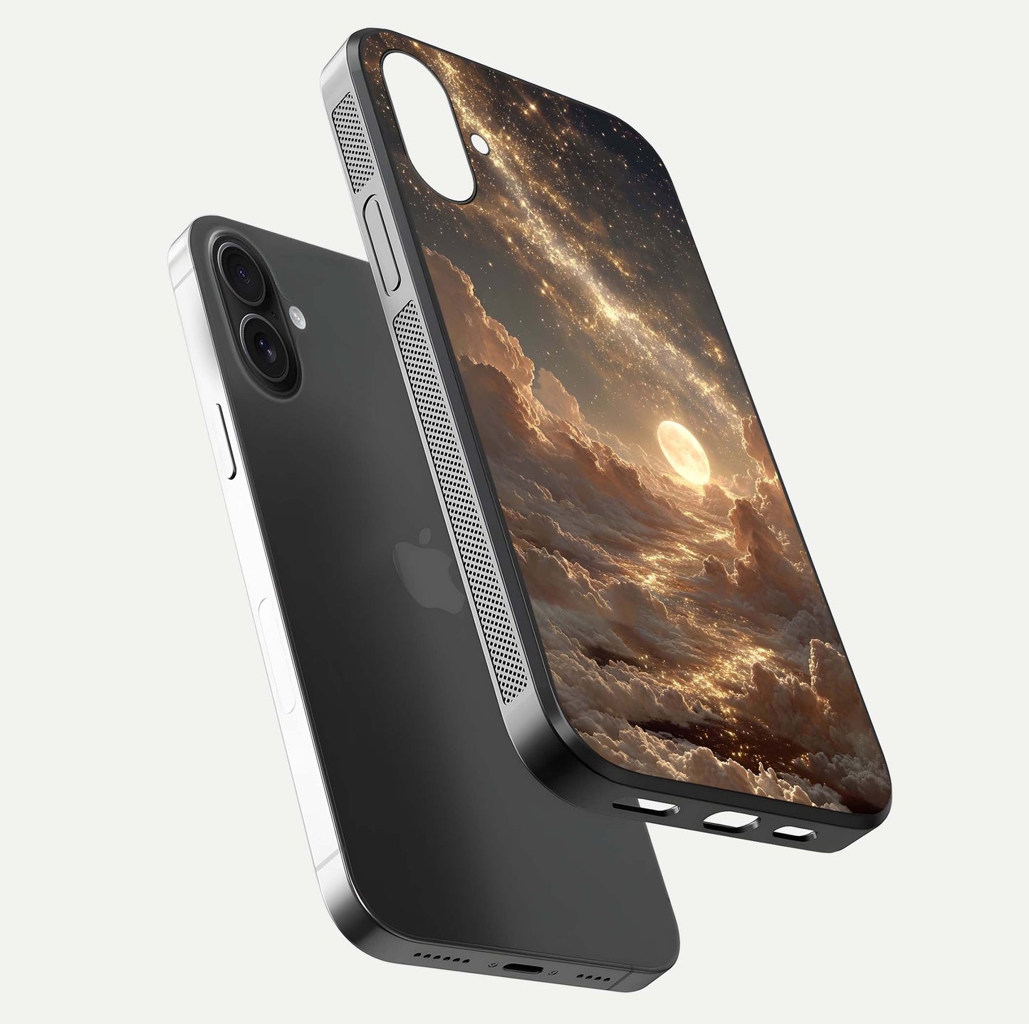 Golden Sky Dream Glass Case for iPhone 16 floating dual-view mockup showing gloss depth and elegant finish