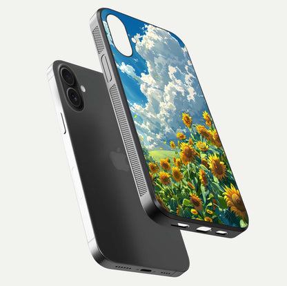 Golden Sun Glory Glass Case for iPhone 16 floating dual-view mockup showing gloss shine and premium surface