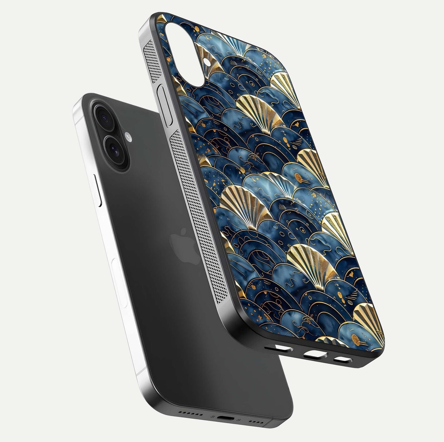 Golden Wave Luxe Glass Case for iPhone 16 floating dual-view mockup showing gloss surface and shimmering tones