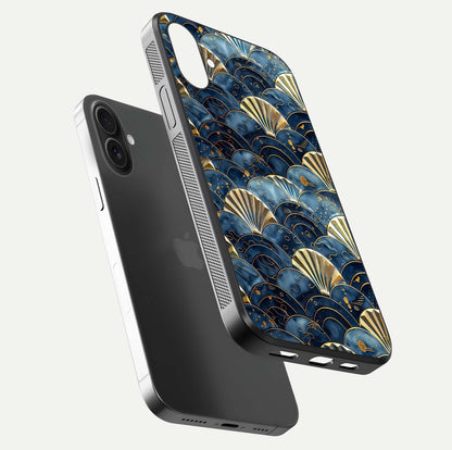 Golden Wave Luxe Glass Case for iPhone 16 floating dual-view mockup showing gloss surface and shimmering tones