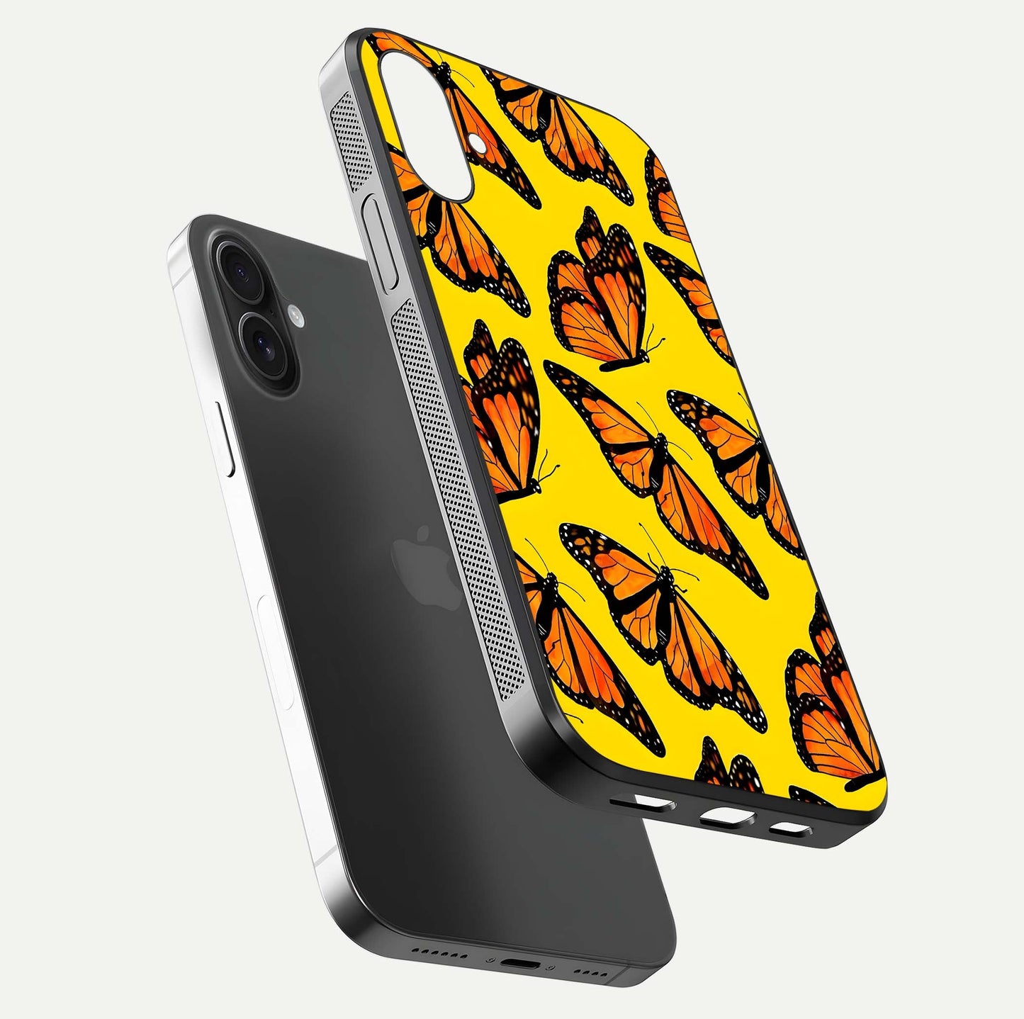 Golden Wing Flight Glass Case for iPhone 16 floating dual-view mockup showing gloss reflection and luxury tone