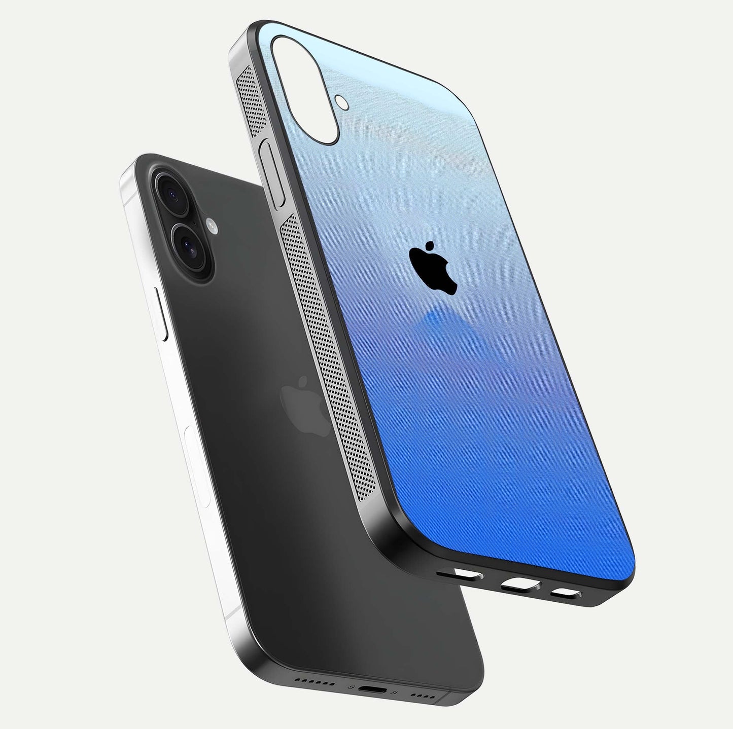 Gradient Apple Vibe Glass Case for iPhone 16 floating dual-view mockup showing gloss polish and gradient blend