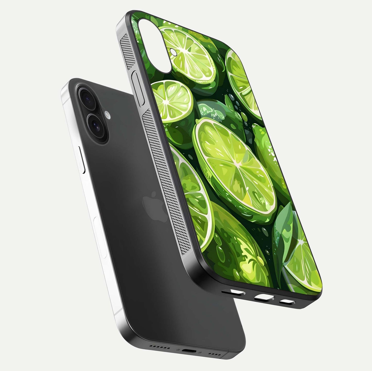 Green Mandala Pattern Glass Case for iPhone 16 floating dual-view mockup showing gloss texture and symmetry shine
