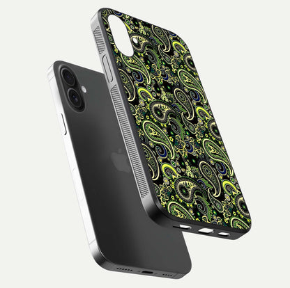 Green Moon Energy Glass Case for iPhone 16 floating dual-view mockup showing glossy texture and energy aura