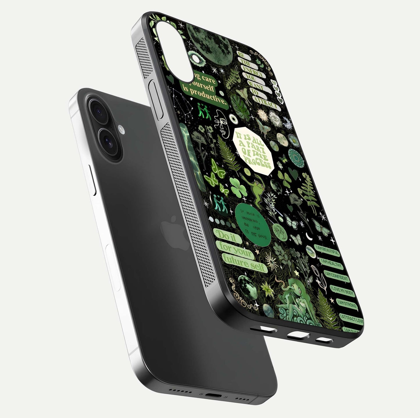 Greenery Sky Glass Case for iPhone 16 floating dual-view mockup showing glossy shine and soft natural tones