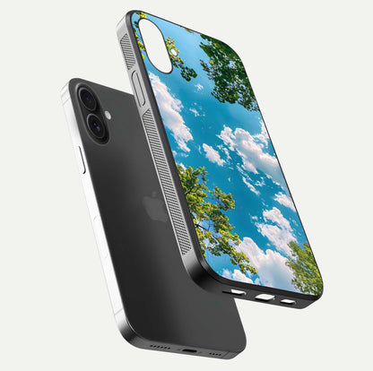Green Kawasaki Glass Case for iPhone 16 floating dual-view mockup showing gloss surface and power-bike theme