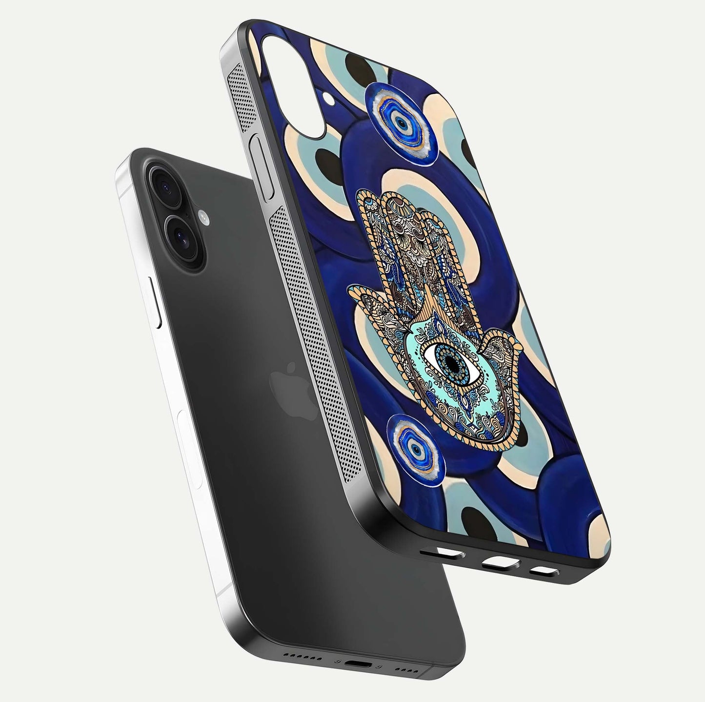 Hamsa Divine Guard Glass Case for iPhone 16 floating dual-view mockup showing gloss shine and mystical pattern