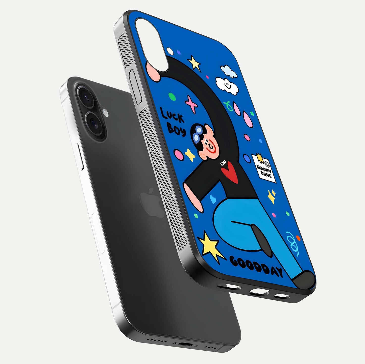 Happy Luck Vibe Glass Case for iPhone 16 floating dual-view mockup showing glossy tone and bright finish