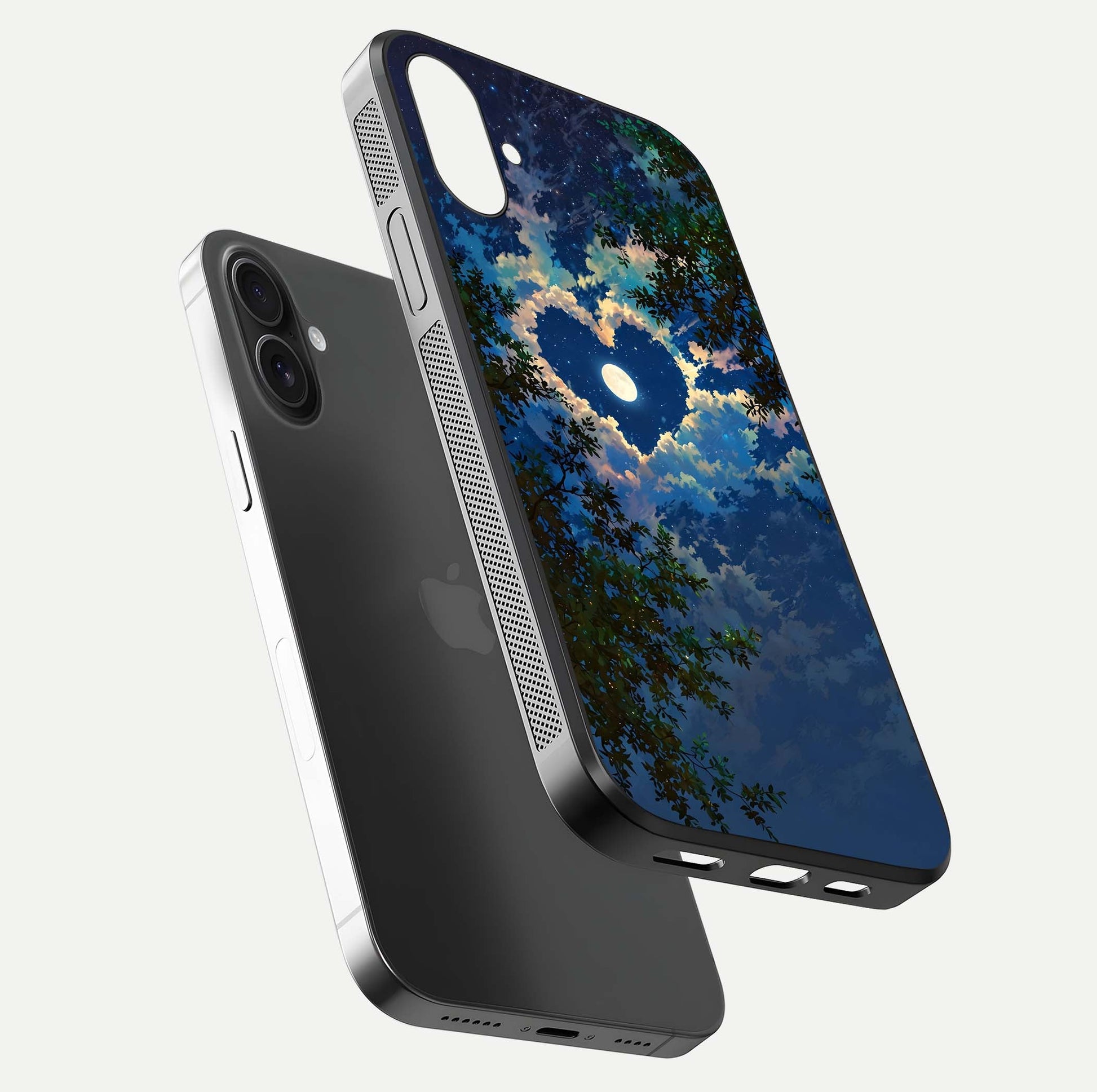 Heart with Moon Sky Glass Case for iPhone 16 floating dual-view mockup showing gloss texture and romantic sky glow