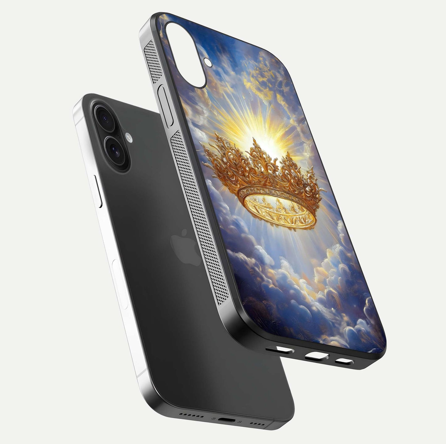 Heavenly Crown Light Glass Case for iPhone 16 floating dual-view mockup showing gloss shine and luminous crown texture
