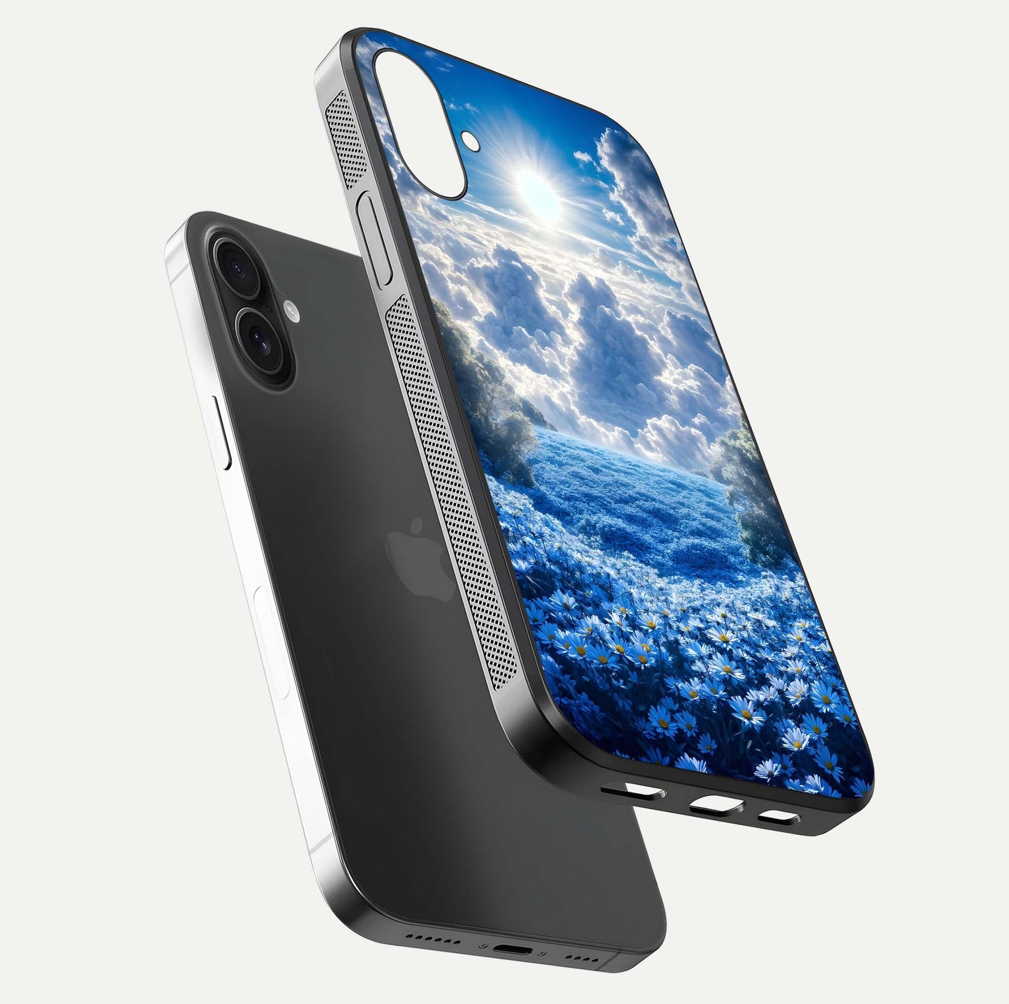 Heavenly Daisy Horizon Glass Case for iPhone 16 floating dual-view mockup showing gloss polish and soft pastel background