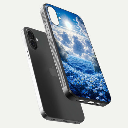 Heavenly Daisy Horizon Glass Case for iPhone 16 floating dual-view mockup showing gloss polish and soft pastel background