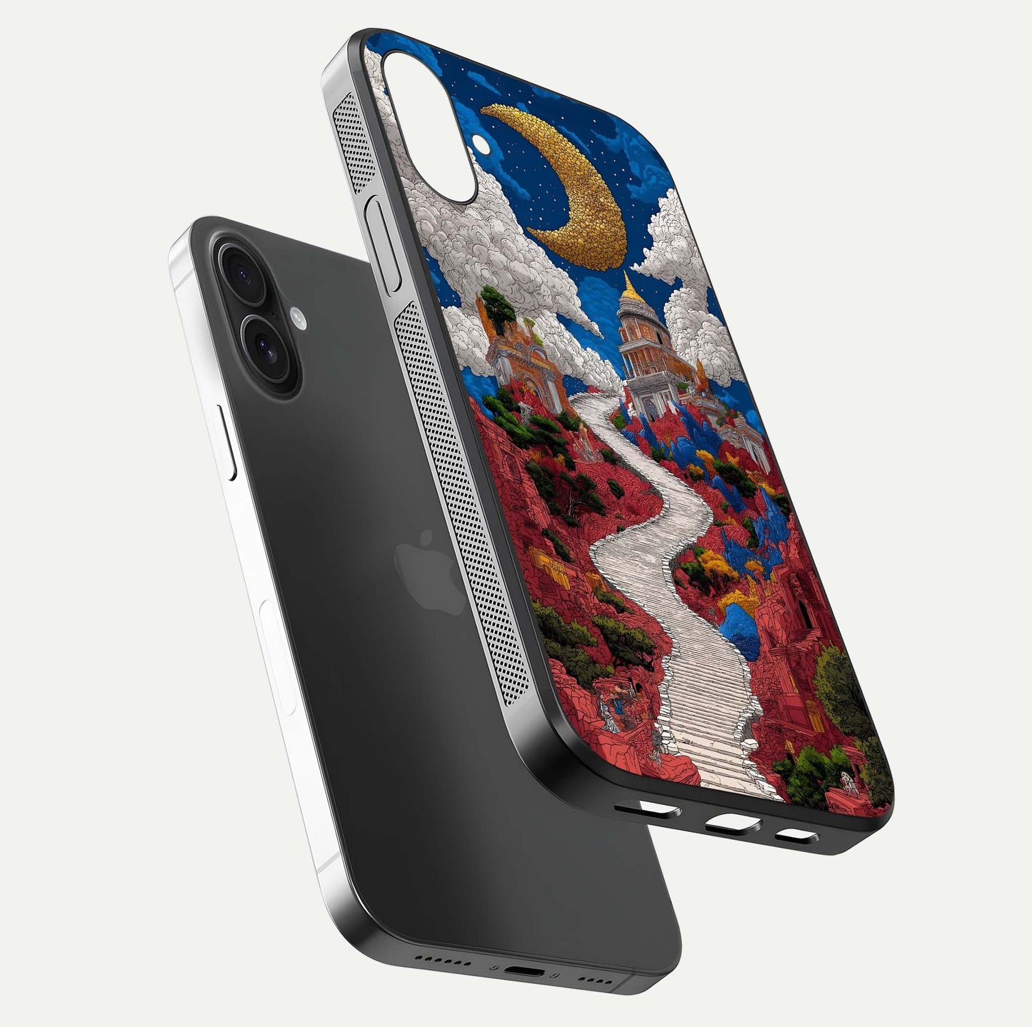 Heavenly Moon Path Glass Case for iPhone 16 floating dual-view mockup showing gloss surface and celestial pathway