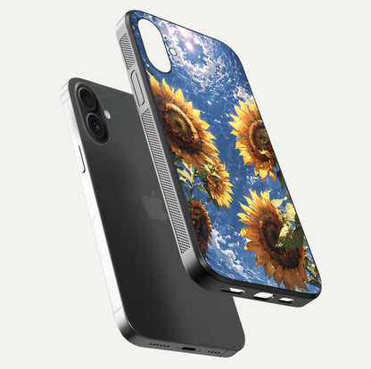 Heavenly Sunflower Rise Glass Case for iPhone 16 floating dual-view mockup showing gloss brightness and morning-light feel