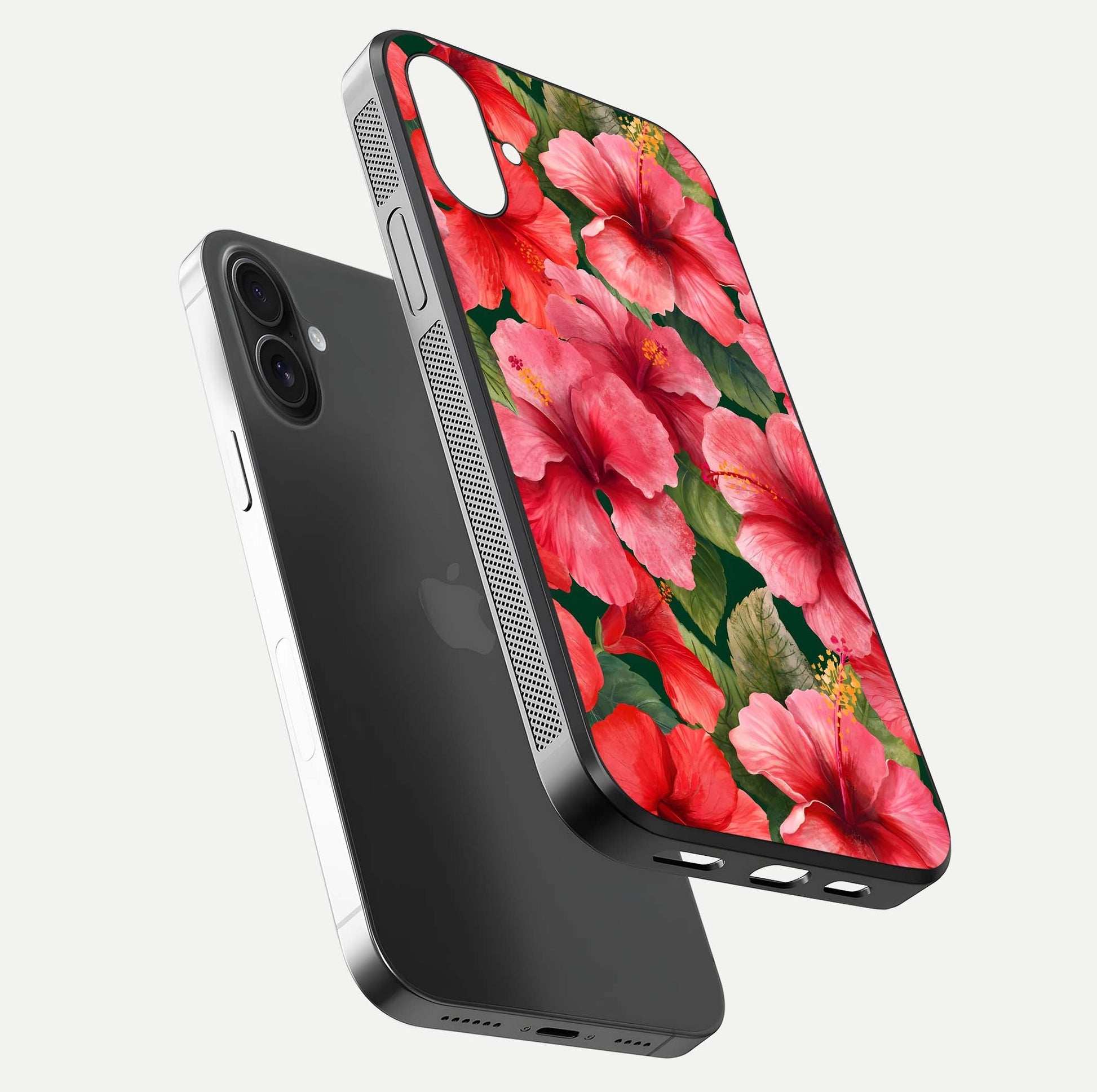 Hibiscus Pattern Glass Case for iPhone 16 floating dual-view mockup showing glossy texture and vivid color depth