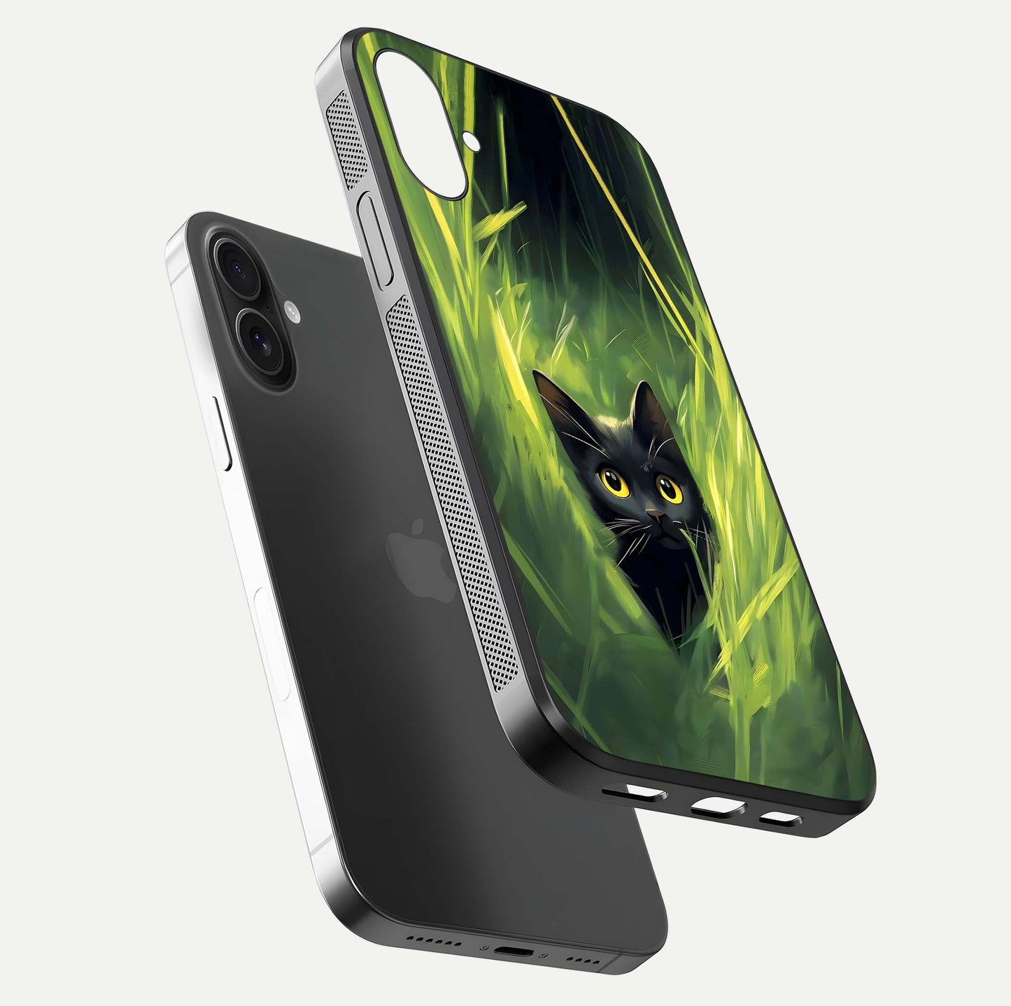 Hidden Cat Whisper Glass Case for iPhone 16 floating dual-view mockup showing glossy tone and elegant cat silhouette