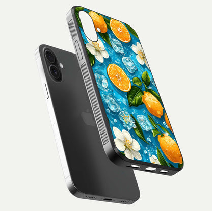 Ice Cube With Orange Glass Case for iPhone 16 floating dual-view mockup showing glossy shine and cool refreshing tone