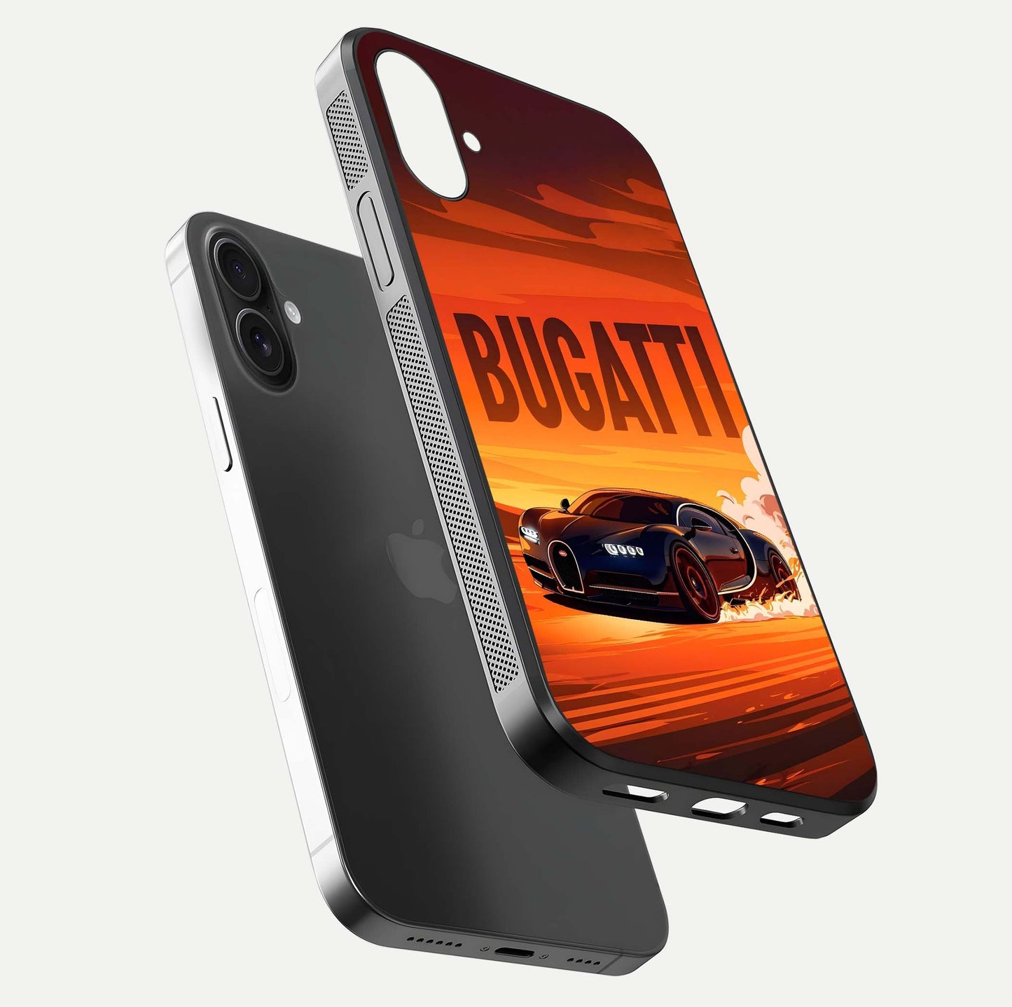 Inferno Bugatti Storm Glass Case for iPhone 16 floating dual-view mockup showing gloss surface and racing energy