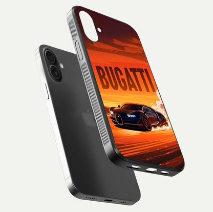 Inferno Bugatti Storm Glass Case for iPhone 16 floating dual-view mockup showing gloss surface and racing energy