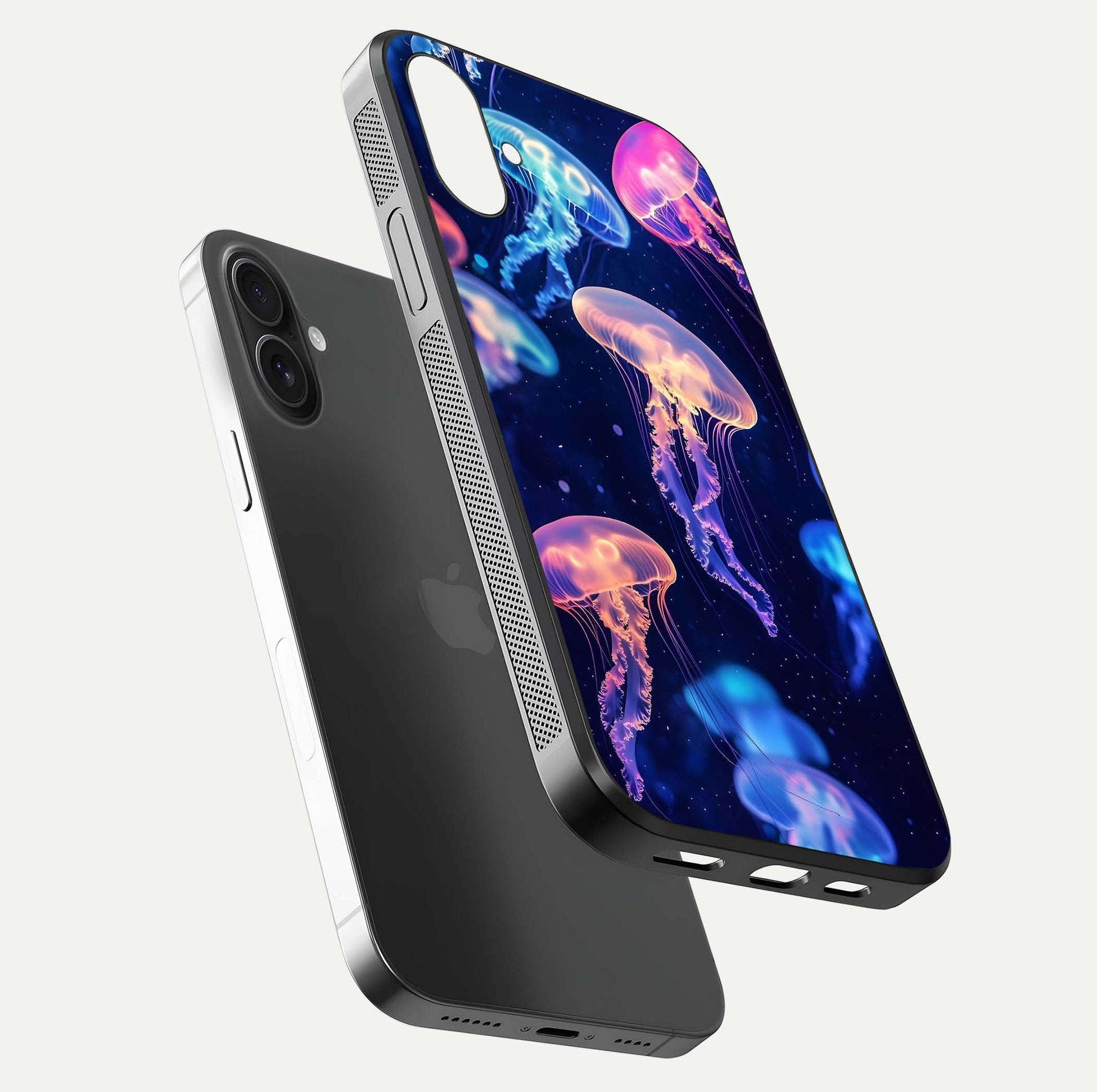 Jellyfish Pattern Glass Case for iPhone 16 floating dual-view mockup showing gloss texture and oceanic depth