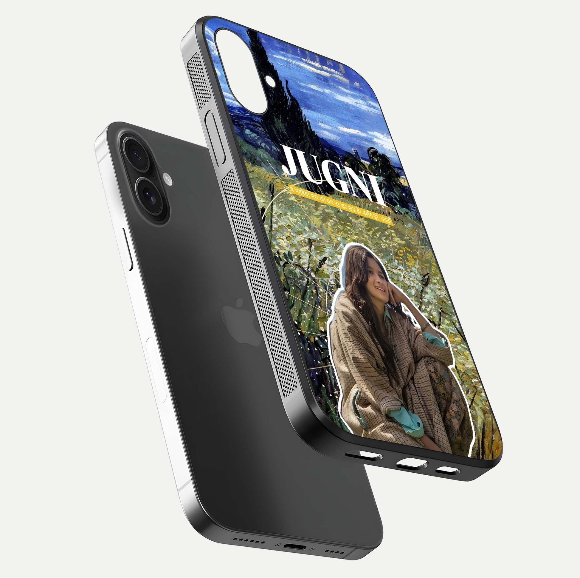 Jugni Soul Vibes Glass Case for iPhone 16 floating dual-view mockup showing gloss surface and vivid design style