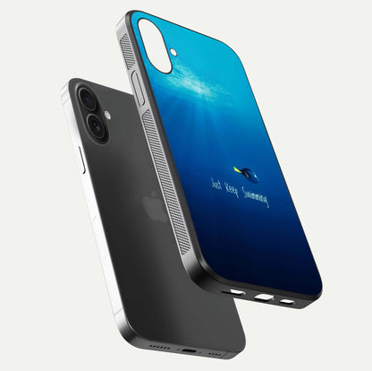 Just Keep Swimming Glass Case for iPhone 16 floating dual-view mockup showing gloss brightness and wave motif