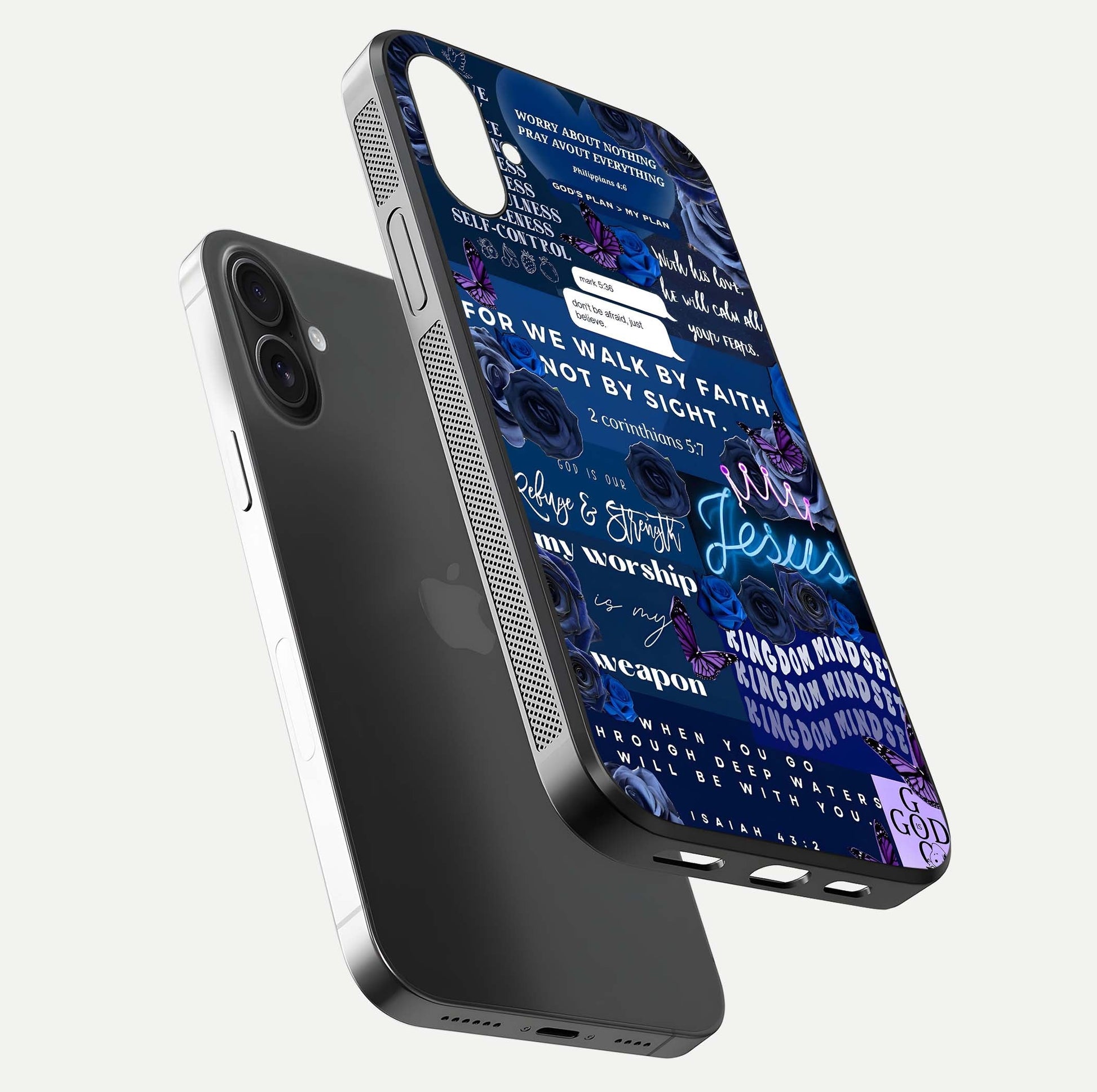 Kingdom Faith Glow Glass Case for iPhone 16 floating dual-view mockup showing premium gloss and golden aura